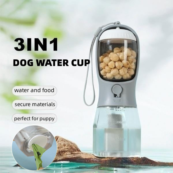 3-in-1 Portable Pet Travel Water Bottle – Food Container & Waste Bag Holder