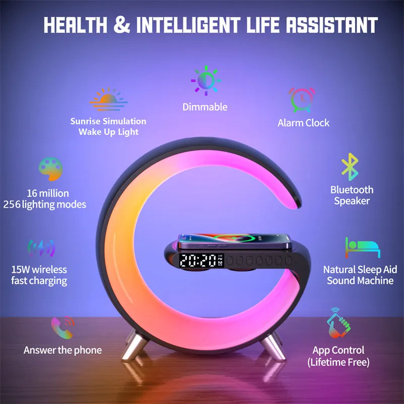 Smart G-Shaped LED Lamp with Bluetooth Speaker & Wireless Charger