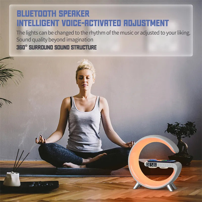 Smart G-Shaped LED Lamp with Bluetooth Speaker & Wireless Charger