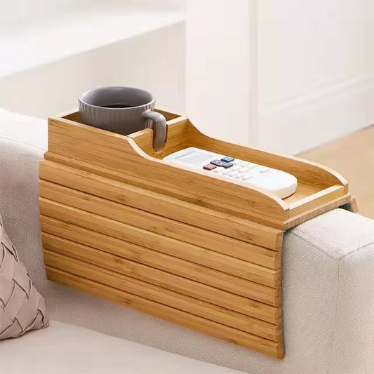 Bamboo Sofa Arm Tray Table – Flexible Couch Cup Holder & Snack Tray